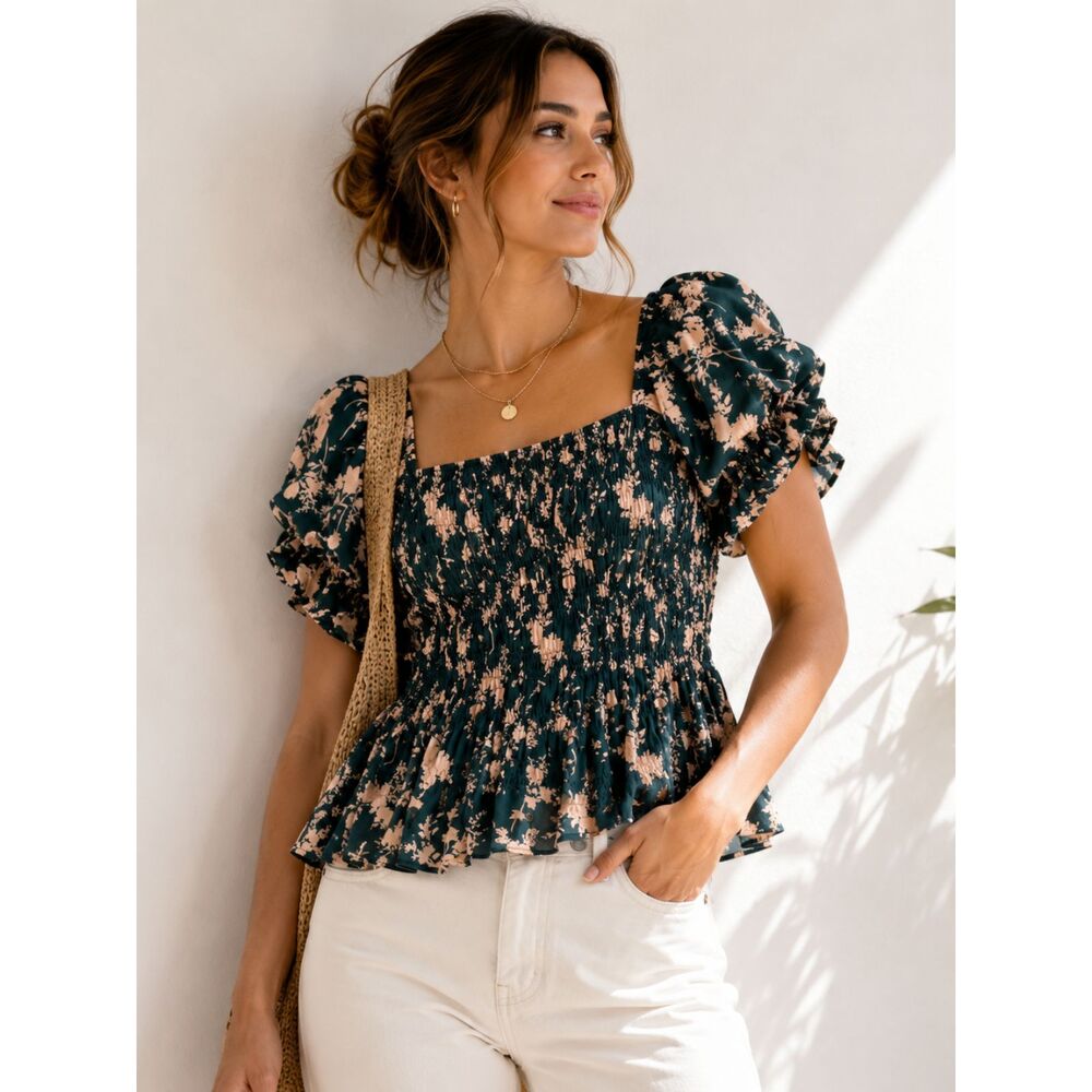 Sweet Rain Floral Smocked Blouse Womens 2X Puff Sleeve Boho Cottagecore Peplum
